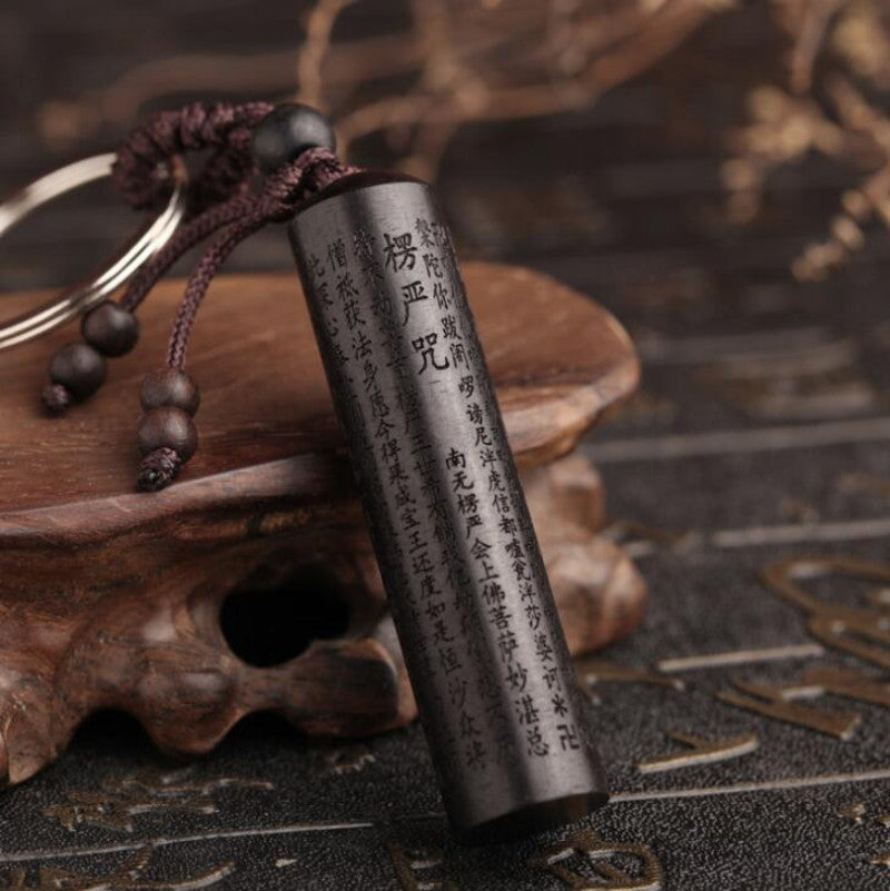 Chinese Ebony Carved Sandalwood Cylindrical Seal Shurangama Mantra Pendant