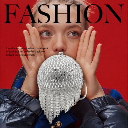 Women Fashion Round Crystal Ball Tassel Ladies Party Festive Wedding Clutch Bag