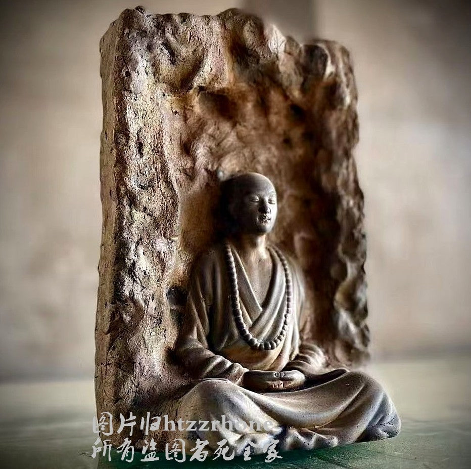 Old Stone Carved Meditation Monk Statue Zen Religious Belief Shrine Home Decor