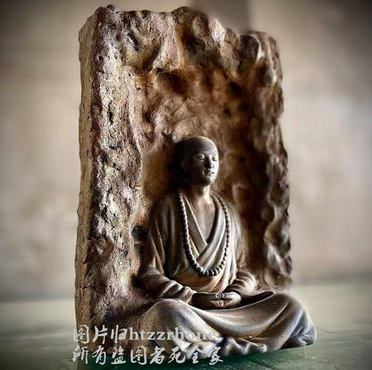 Old Stone Carved Meditation Monk Statue Zen Religious Belief Shrine Home Decor