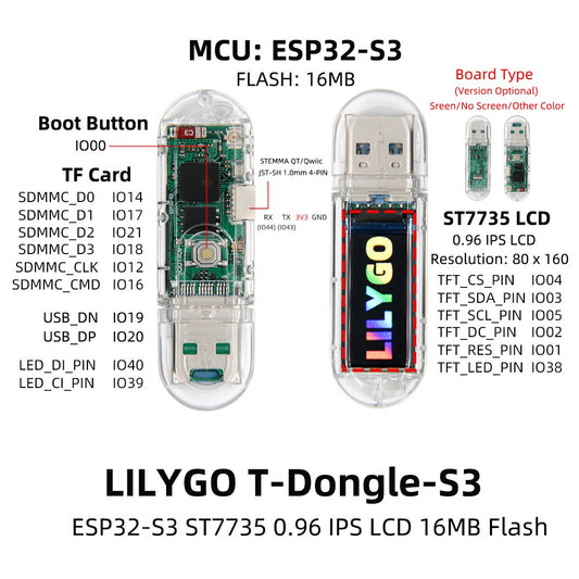 LILYGO T-Dongle-S3 ESP32-S3 0.96" LCD WiFi Bluetooth TF Card Development Board