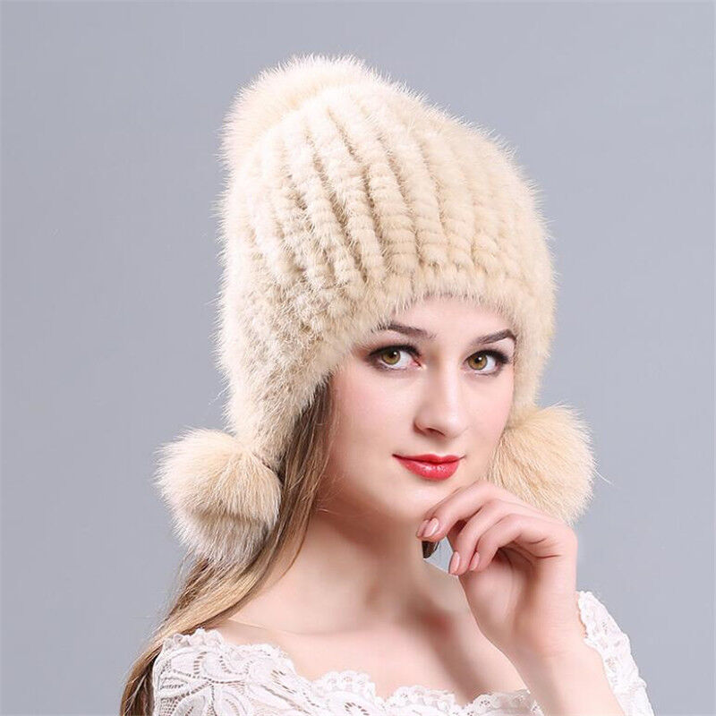 Winter Graceful Women Mink Fur Hats Real Knitted Fur Caps with Fox Fur Earflaps