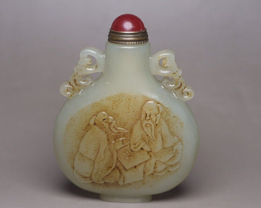 Vintage Chinese Antique Hetian Jade Carved Figure Story Statue Nice Snuff Bottle