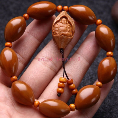 Natural Olive Pit Hand String Handcarved Maitreya Buddha Bracelet Amulet Bangle