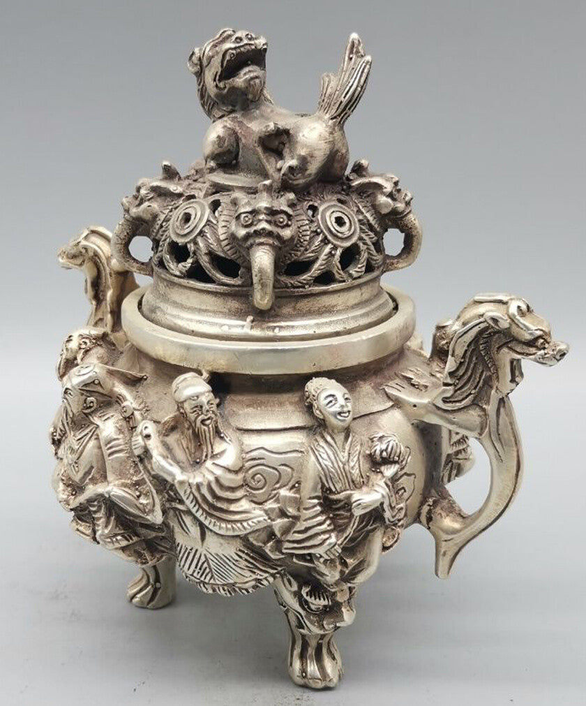 Stamp Tibet Silver Dragon Lion 8 God Tripod Incense Burner Censer Statue