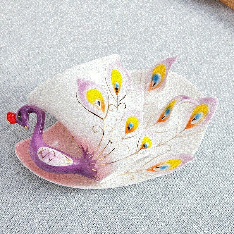 Beautiful Purple Peacock Coffee Cup Set Porcelain Tea Cup Set With Dish Spoon