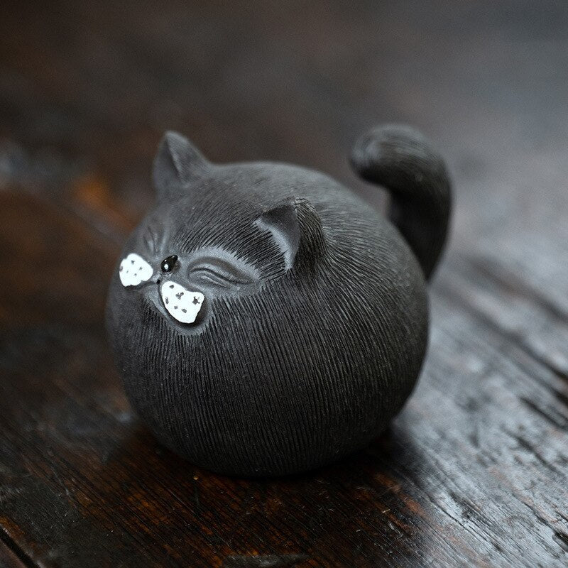 Chinese Yixing Sculpture Purple Clay Tea Pet Cute Luck Cat Statue Tea Figurine