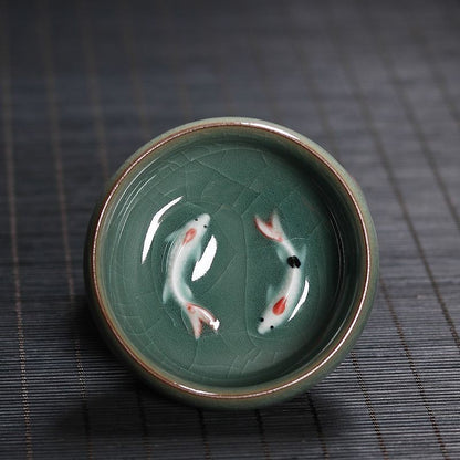 1 pcs Celadon Crackle Glaze Tea Cup | Hand-Painted Koi Fish Ceramic Teacup 60ml
