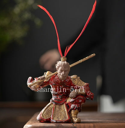 Chinese Pottery Fighting Monkey King Statue Sun Wukong Monk Zen Sculpture Decor