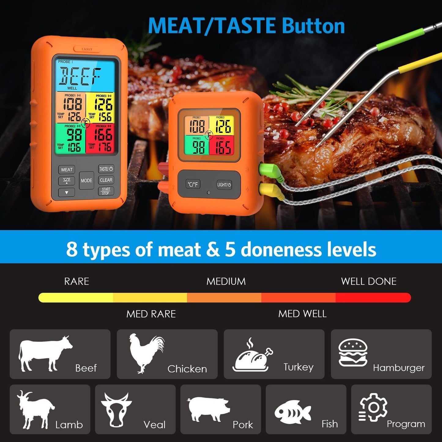 Wireless Meat Smart Thermometer w/ 4 Probes for BBQ Grilling Baking TS-TP40