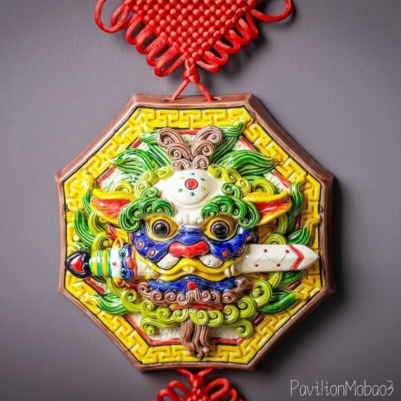 Chinese Pottery Porcelain Lion Sword Statue Evil Guardian Fu Foo Dog Feng Shui