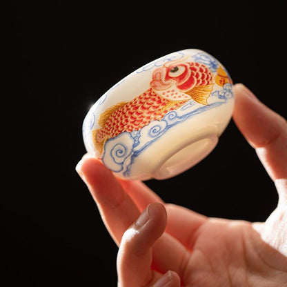 Handmade White Jade Porcelain Koi Fish Teacup 80ml Chinese Gongfu Cup