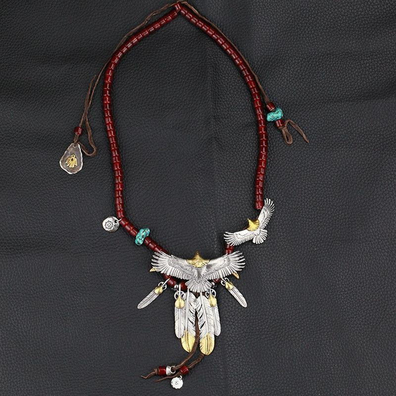 Vintage Eagle Feather Necklace Handmade Turquoise Red Bead Tribal Pendant