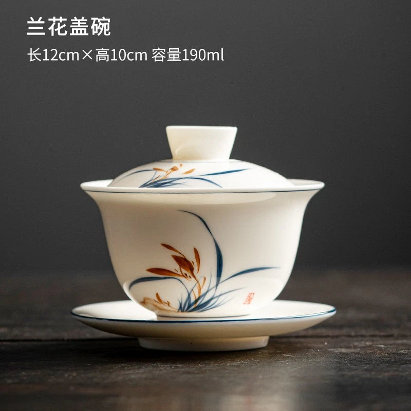 Mutton-fat Jade San Cai Gaiwan Tea Bowl Tea Set White Porcelain