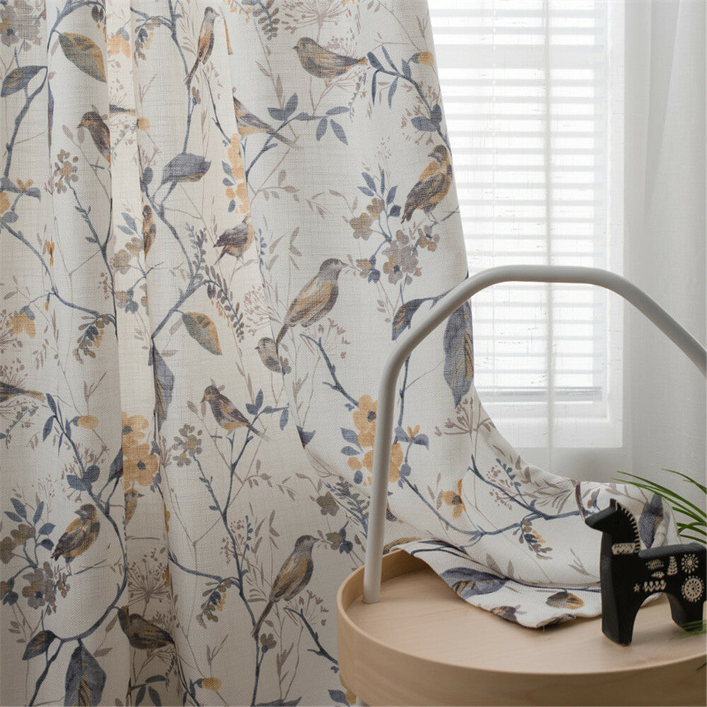 Rural Style Birds and Trees Printed Curtain Semi Blackout Curtain Panel 1 Panel