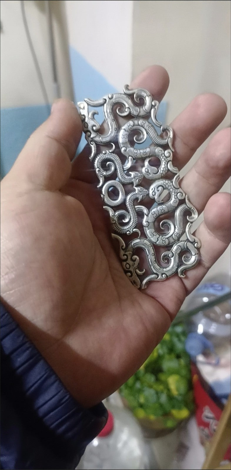 Retro White Copper Silver Plated Hollow Double Dragon Pendant Carved Decor