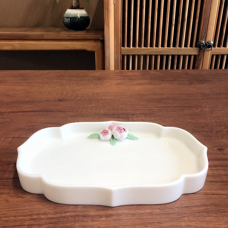 Artful Porcelain Teaset Gaiwan Matching Cup Tea Plate Tray Ceramic Floral Relief