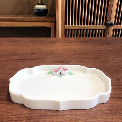 Artful Porcelain Teaset Gaiwan Matching Cup Tea Plate Tray Ceramic Floral Relief