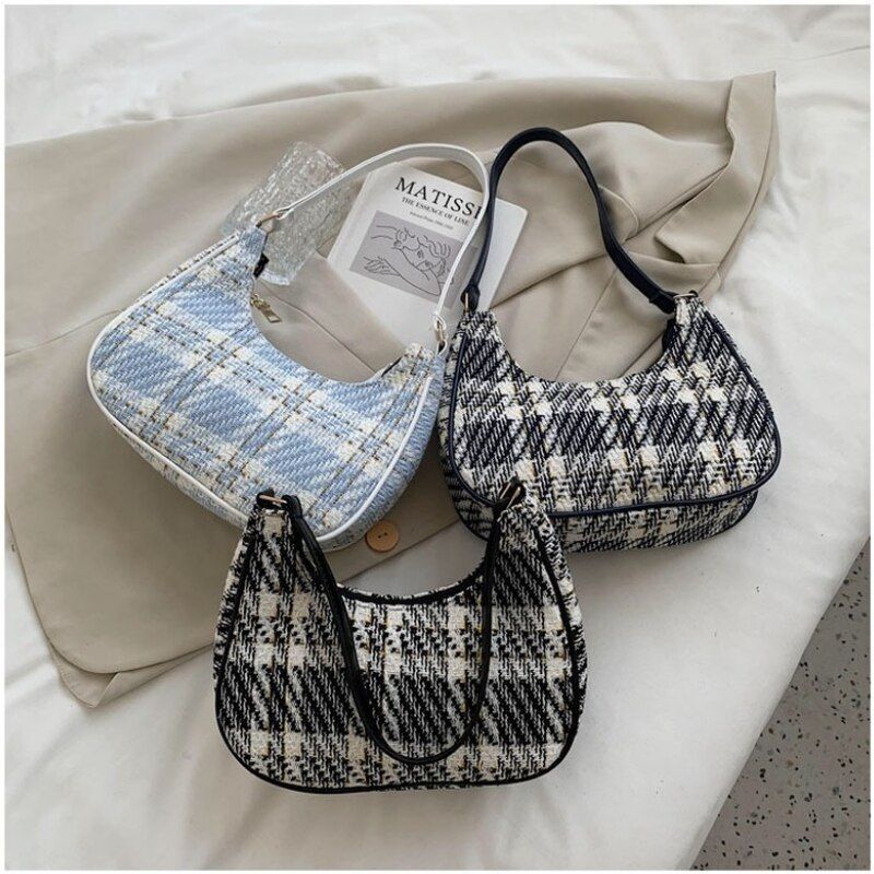 Plaid Canvas Bag Leather Crescent Shoulder Bag Zipper Handbags 24*8*18 CM 26 CM