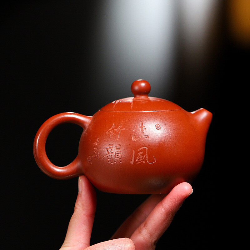 Real Yixing Zisha Dahongpao Clay Teapot Xishi Handmade Bamboo Carved Basket Hole