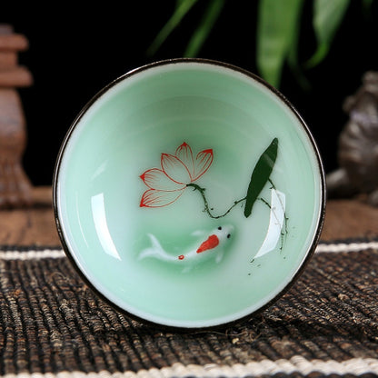 Tea Cup Boutique Celadon Tea Cup Goldfish Lotus Design Handmade Craft Ceramic