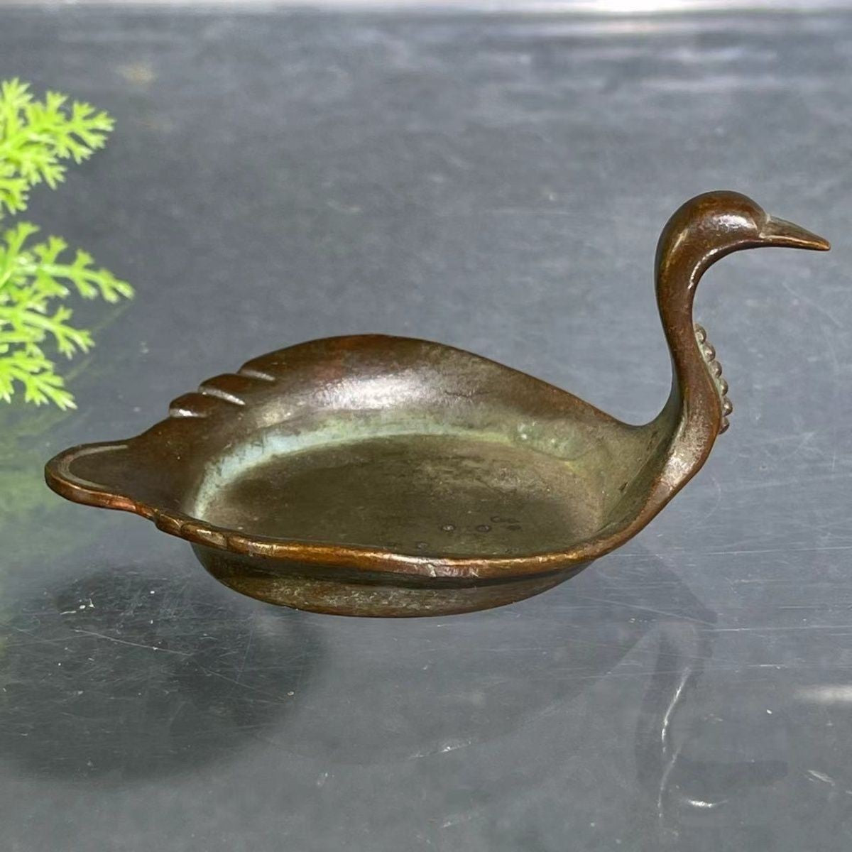 Antique Bronze Swan Brush Washer Incense Burner Tea Table Decor Dish