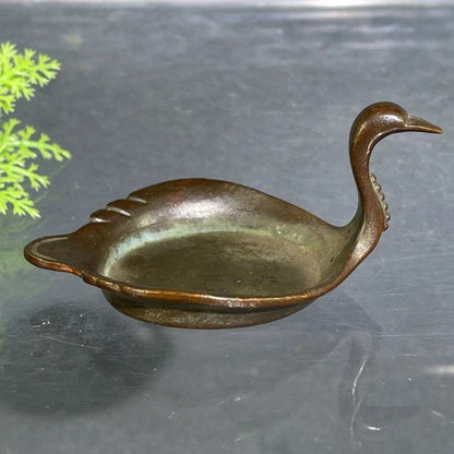 Antique Bronze Swan Brush Washer Incense Burner Tea Table Decor Dish