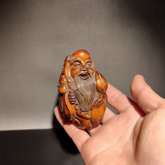 vintage buddha the god of longevity Statue boxwood carving wooden boxwood handle