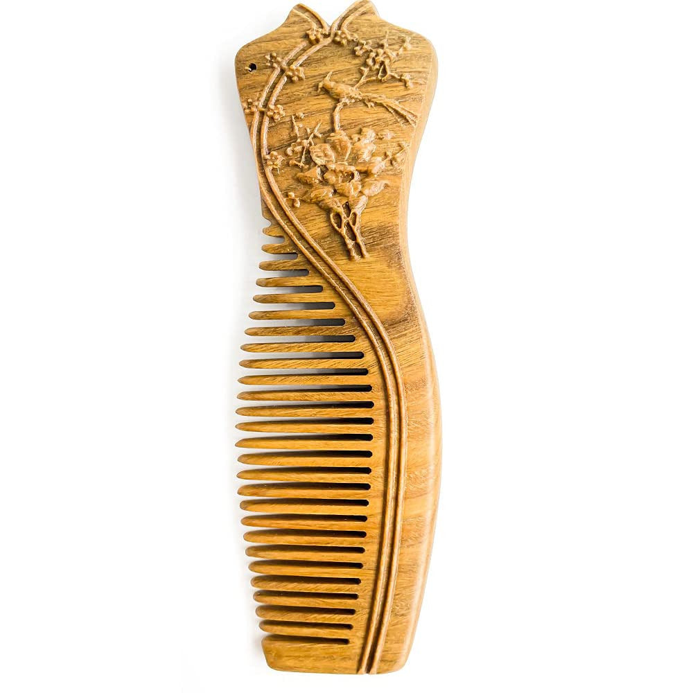 Handmade Carved Green Sandalwood Hair Comb Anti-Static No Snag Gift for Women