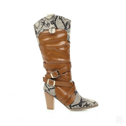 Size 34-47 Women Cowboy Buckle Strap Knee High Western Riding Boots Splice Color
