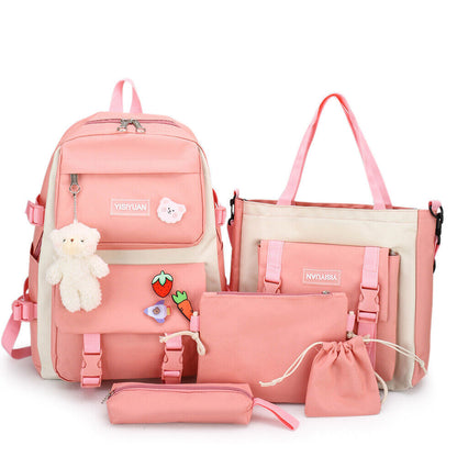 5Pcs Women Girls School Bag Backpack Kawaii Student Bookbag Rucksack Waterproof