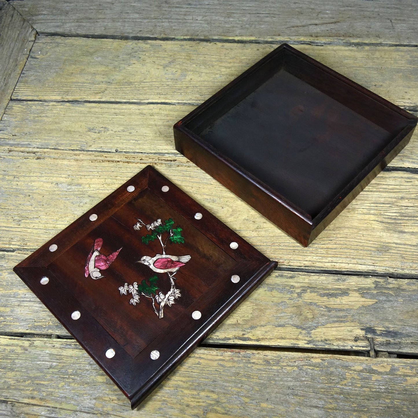Vintage Rosewood Inlaid Abalone Bird Pair Tea Jewelry Storage Box 22cm