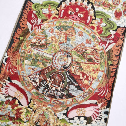 35.4" Tibet Cloth Embroidery Six realms wheel of life Tangka Mural Statue