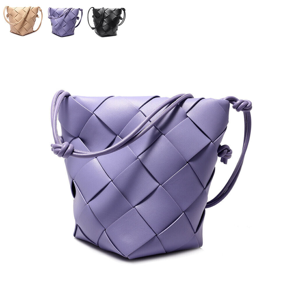 Woven Real Leather Bucket Basket Shoulder Bag Clutch Purse Tote Crossbody Women