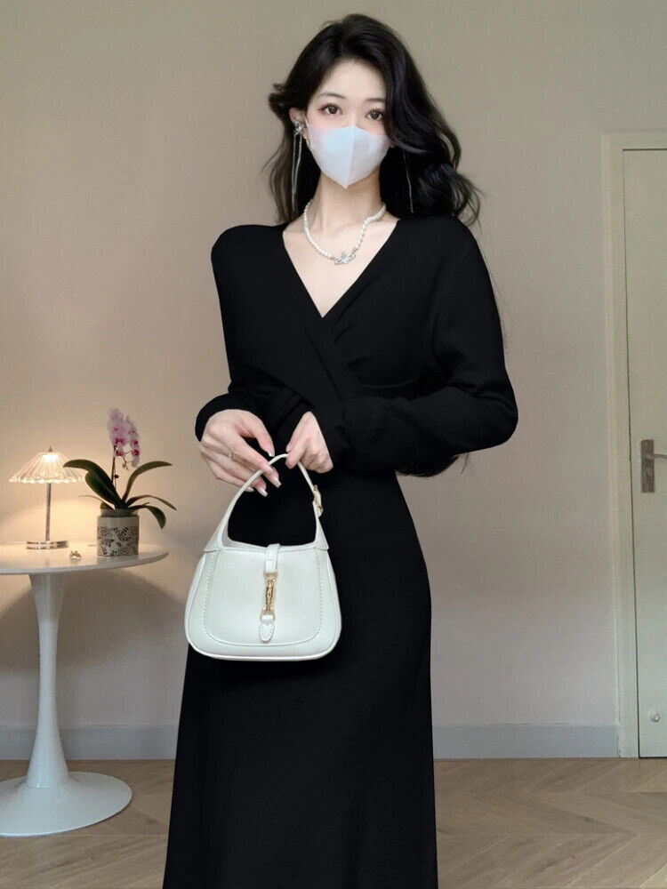 V-neck Sweater Dress Women Party Dresses Female Autumn Winter