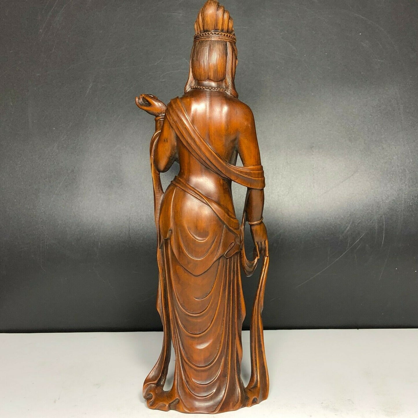 Chinese Boxwood Wood Hand Carved Buddhism Guanyin Kwan-yin Goddess Statue