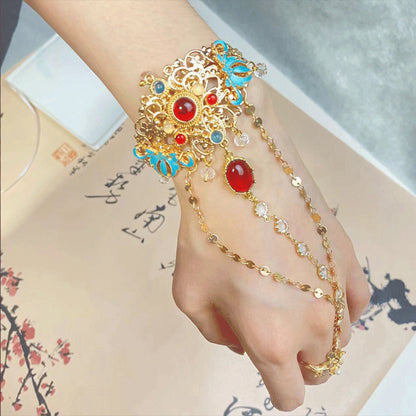 Dunhuang Style Gold Bracelet Ring Set Vintage Red Bead Tassel Hanfu Accessory
