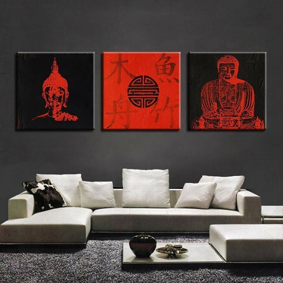 Buddha Black Red 3 Piece Canvas Print Wall Art Poster Home Decoration