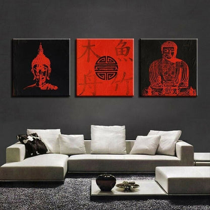 Buddha Black Red 3 Piece Canvas Print Wall Art Poster Home Decoration