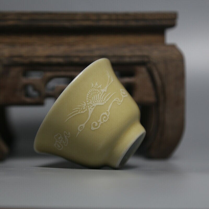 2.6 inch Chinese Jingdezhen Yellow Glaze Porcelain Crane Design Teacup Cup