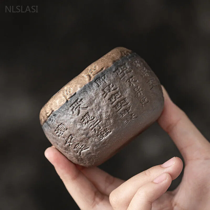 Buddhism 120ml Rough Pottery Handmade Relief Heart Sutra Zen Cup Ceramic Master