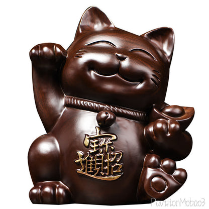 Solid Chinese Ebony Wood Statue Lucky Money Cat Feng Shui Amulet Decor
