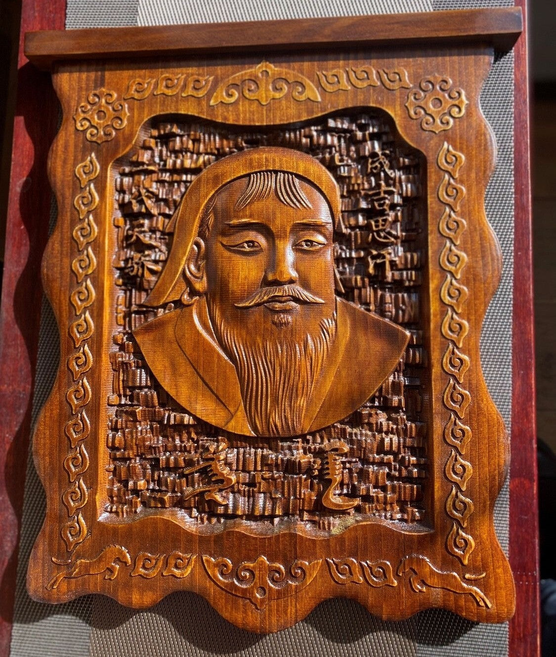 Wood Carved Genghis Khan Statue Wall Hanging Collection