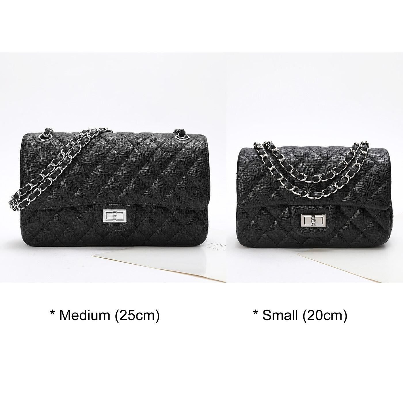 Quilted Real Leather Caviar Effect Double Flap Shoulder bag Handbag Purse Chains