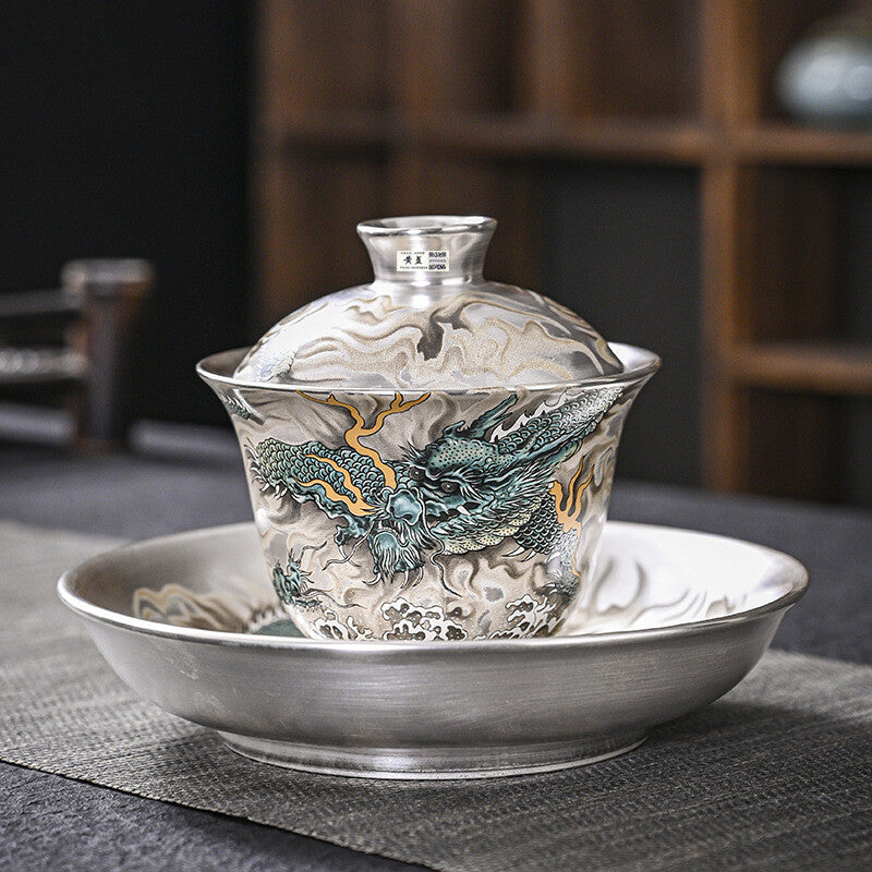 Boutique Tea Set Pure Silver Ceramic Gaiwan Pitcher Matching Tea Cup Filter Net