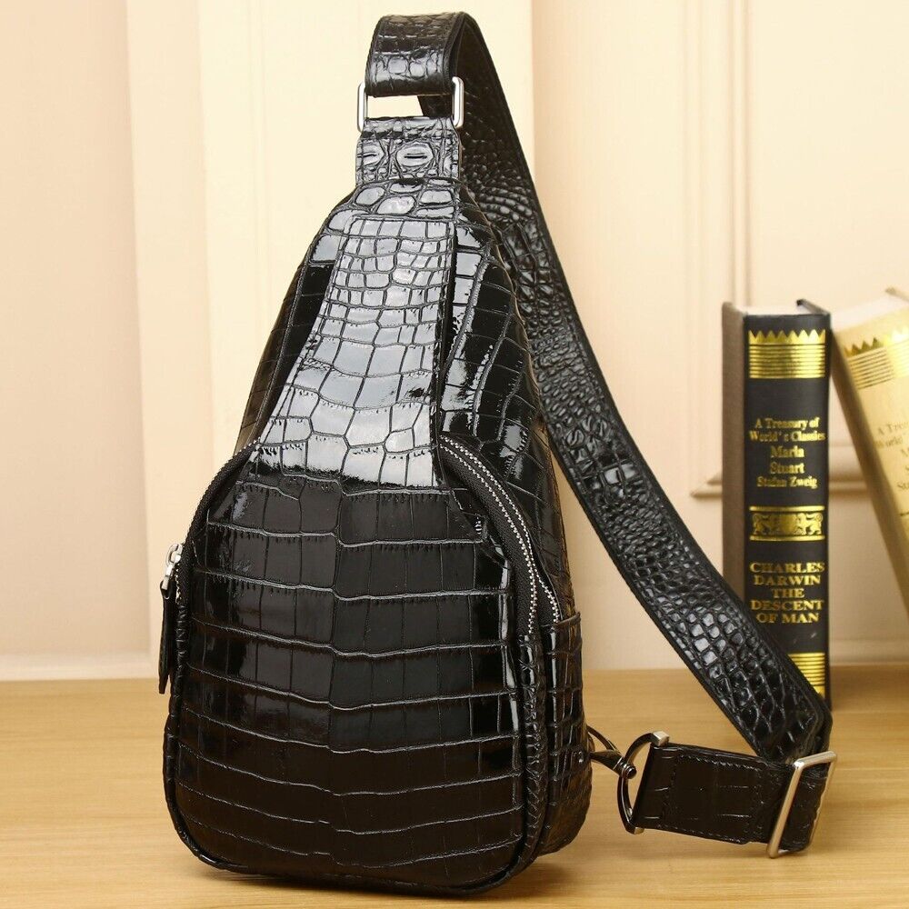 Men's Luxrry Sling Backpack, Crocodile Belly Embossed Crossbody Bag Cowhide
