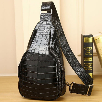 Men's Luxrry Sling Backpack, Crocodile Belly Embossed Crossbody Bag Cowhide