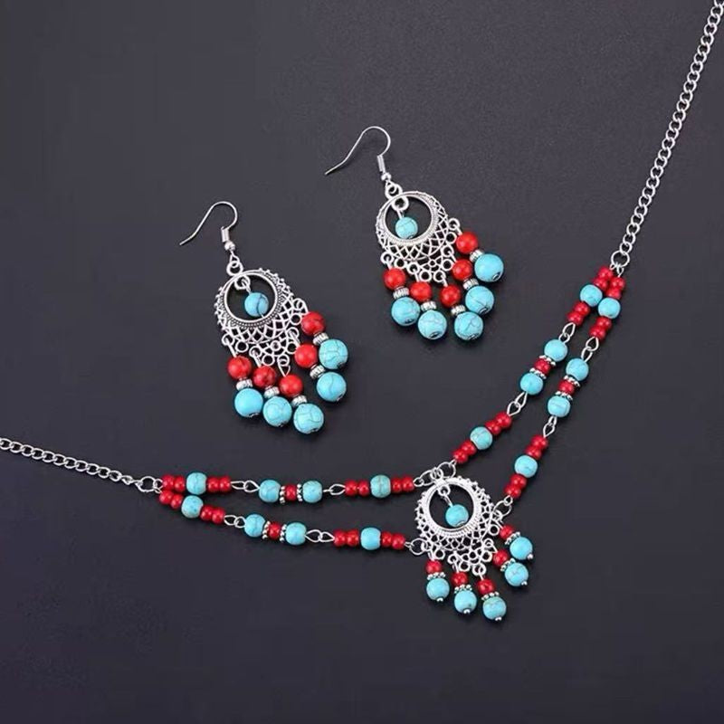 Exotic Ethnic Double Forehead Headpiece Set Tibetan Turquoise Necklace Earrings