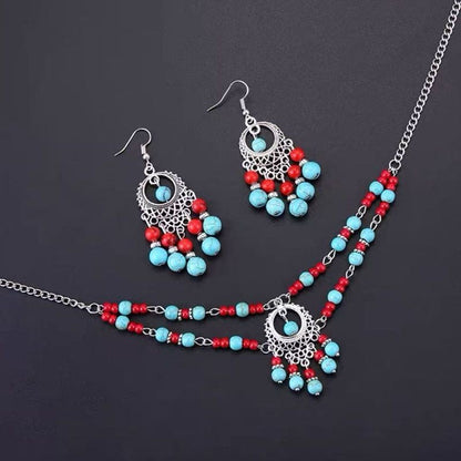 Exotic Ethnic Double Forehead Headpiece Set Tibetan Turquoise Necklace Earrings