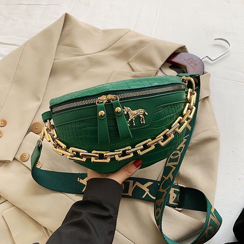 Thick Chain Waist Bag Women Leather Fanny Chest Bag Belt Shoulder Crossbody Bags